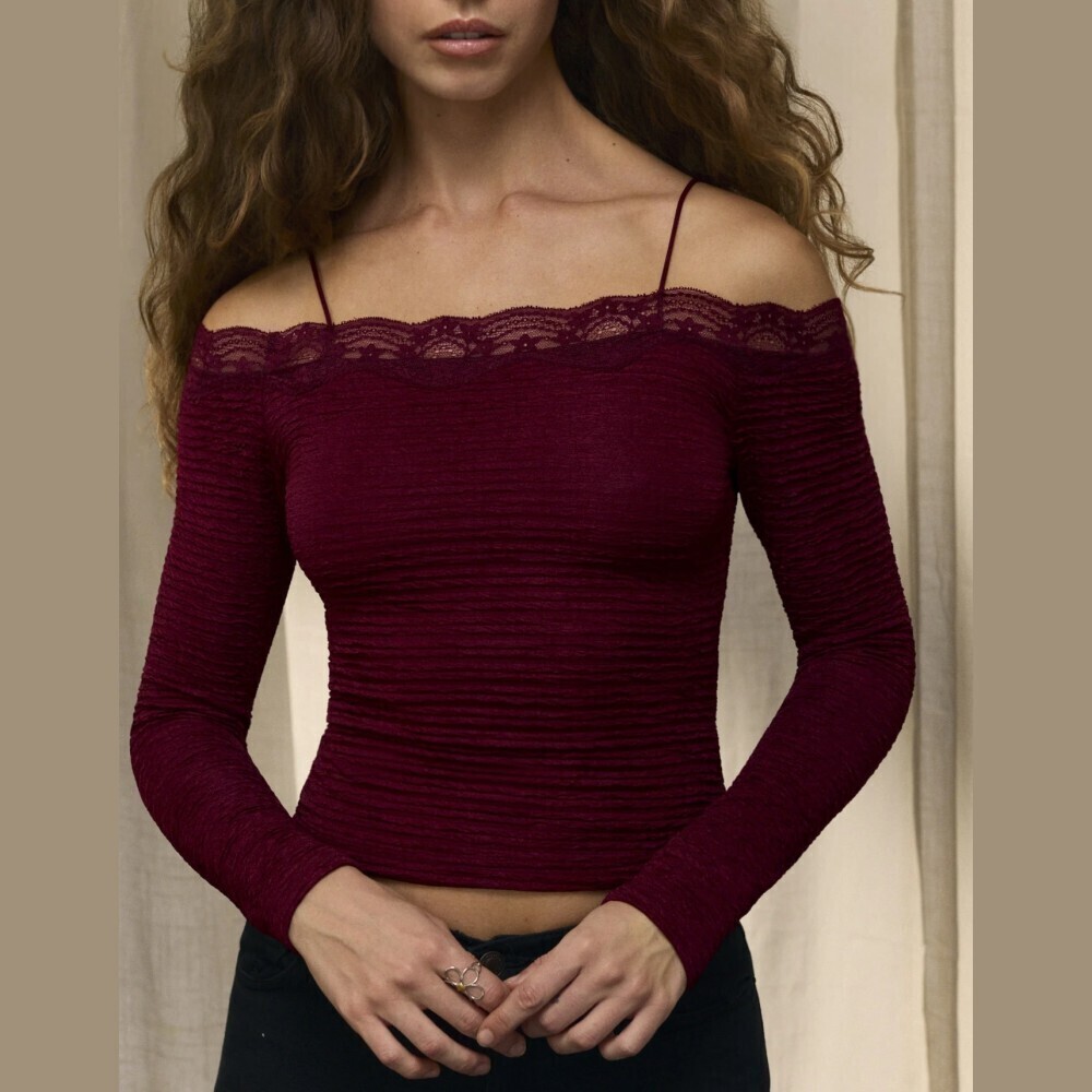 Burgundy Lace Trim Off Shoulder Textured Knit Long Sleeve Tee Top